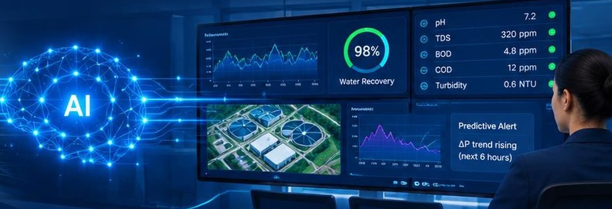 A control-room screen showing water quality trends, a recovery gauge and a predictive alert.