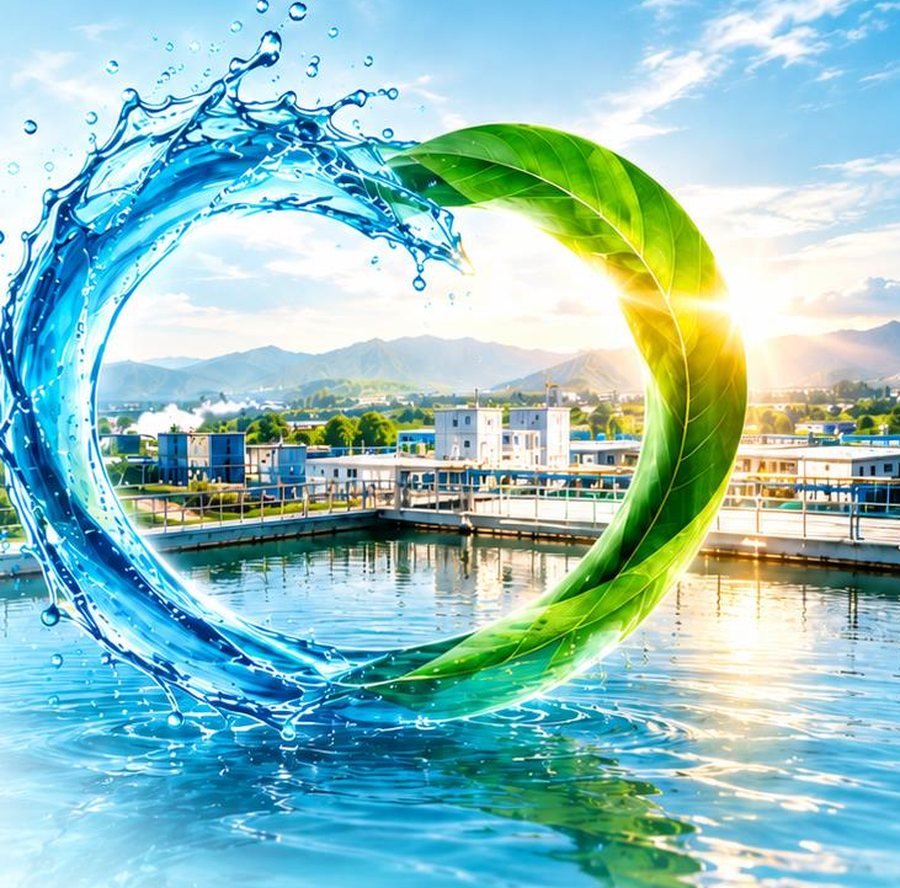 A circle formed from a splash of water and a green leaf, above a water treatment basin at sunrise.