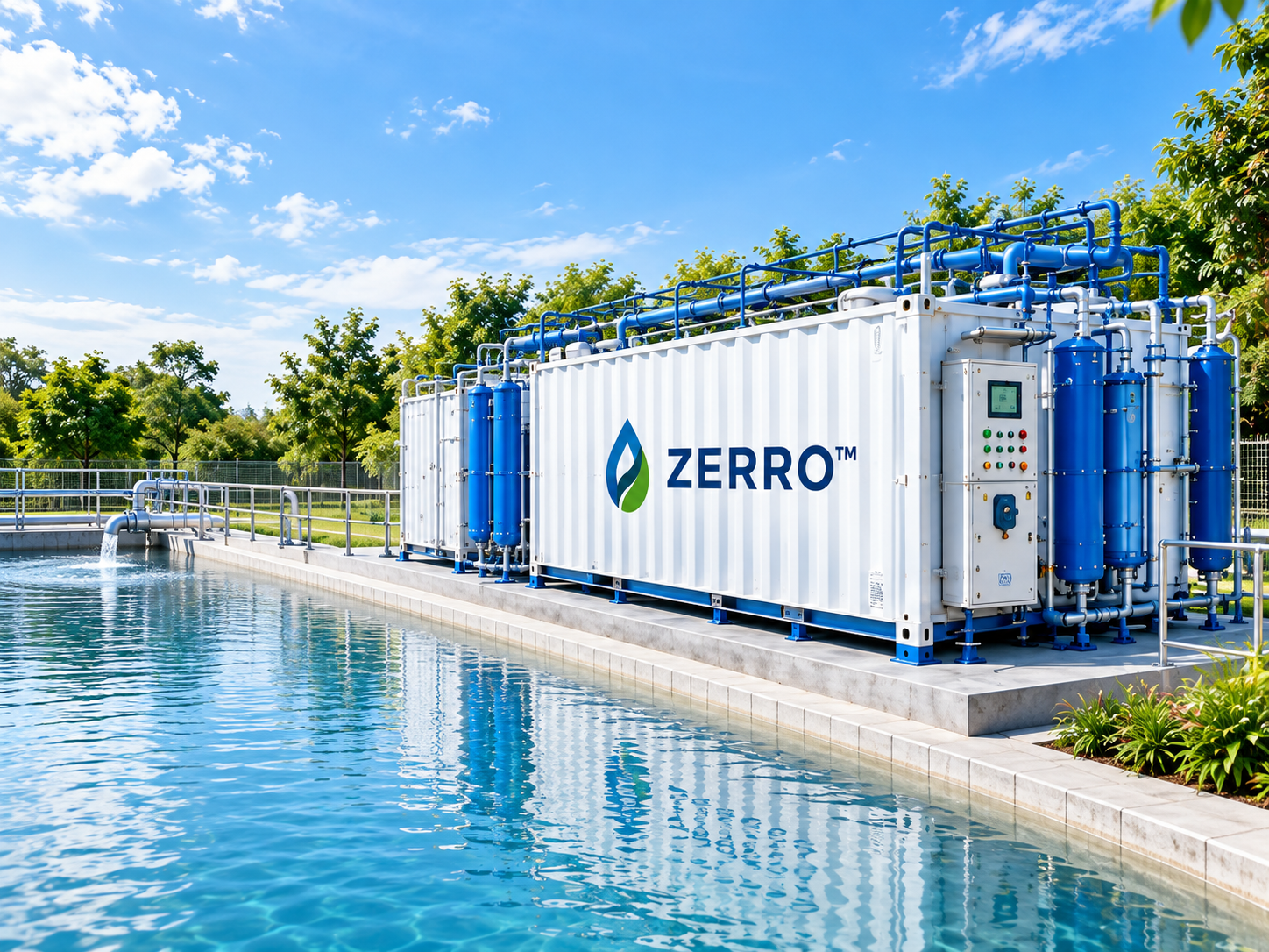 A ZERRO containerised treatment unit with blue process piping and pressure vessels beside a clear-water channel.